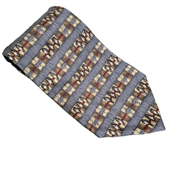 CC Casuals Italian Silk Tie Striped Geometric Blue Brown Mens Necktie Business - Picture 1 of 4